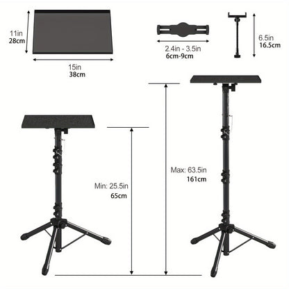 Trépied pour projecteur et ordinateur portable – Hauteur réglable avec support de téléphone col-de-cygne, plateau inclinable à 180°, capacité de 10 kg, support au sol portable pour bureau, maison, scène, studio et DJ