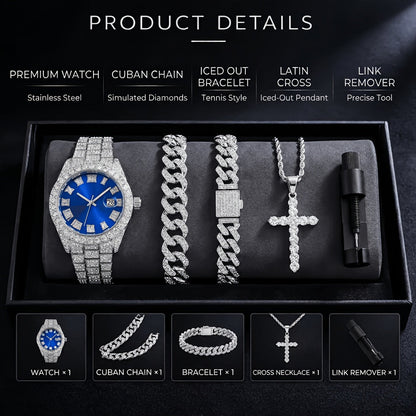 Parure de bijoux 4 pièces avec montre strass et pendentif croix, montre-bracelet analogique à quartz, collier, bracelet et boucles d'oreilles, cadeau unisexe pour lui ou elle, mariage