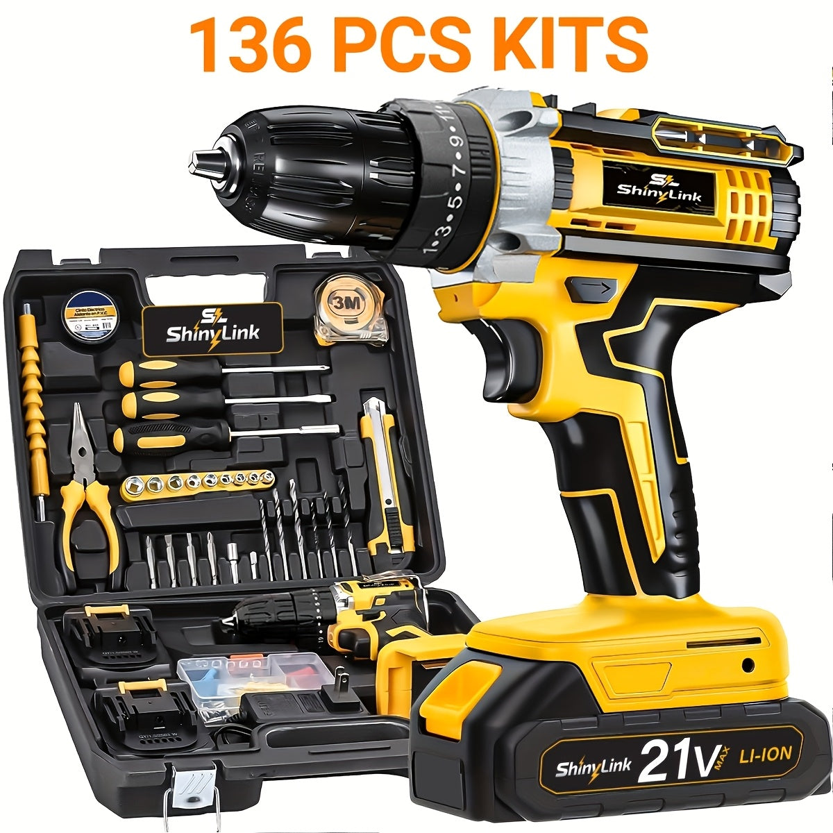 Ensemble de perceuse sans fil 21V, 18 à 148 pièces | Perceuse-visseuse électrique rechargeable avec 2 batteries, embouts de vissage, outils à main et boîte à outils – Kit complet de réparation domestique pour bricolage, cadeau pour homme