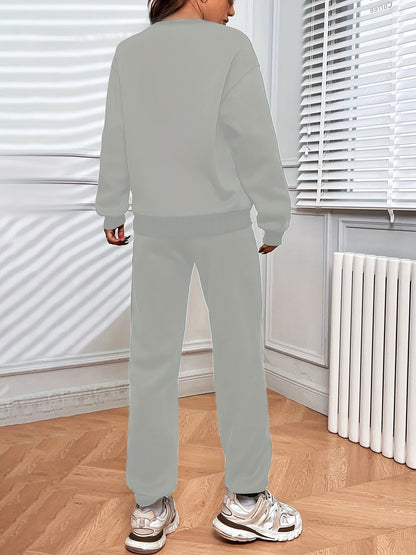 Ensemble deux pièces pour femme : sweat-shirt à col rond et pantalon de jogging décontracté avec taille élastique à cordon de serrage, beige, gris, noir, bleu marine, café, S-XXL
