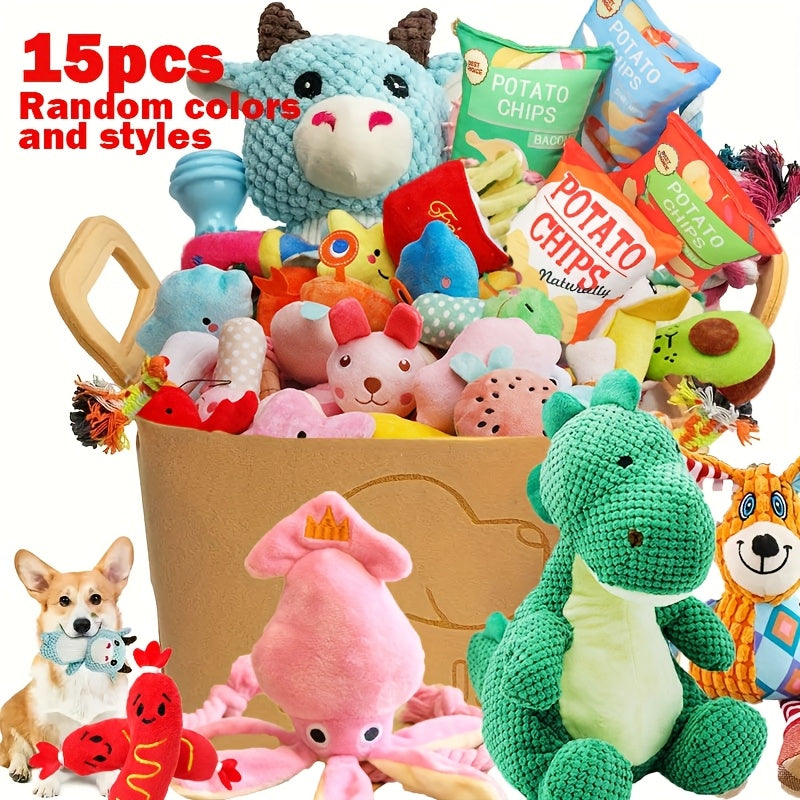 Lot de 15 jouets en peluche couineurs pour chien – Jouets interactifs résistants aux morsures pour tir à la corde, modèles aléatoires, pour petits, moyens, grands chiens et chiots