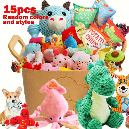 Lot de 15 jouets en peluche couineurs pour chien – Jouets interactifs résistants aux morsures pour tir à la corde, modèles aléatoires, pour petits, moyens, grands chiens et chiots