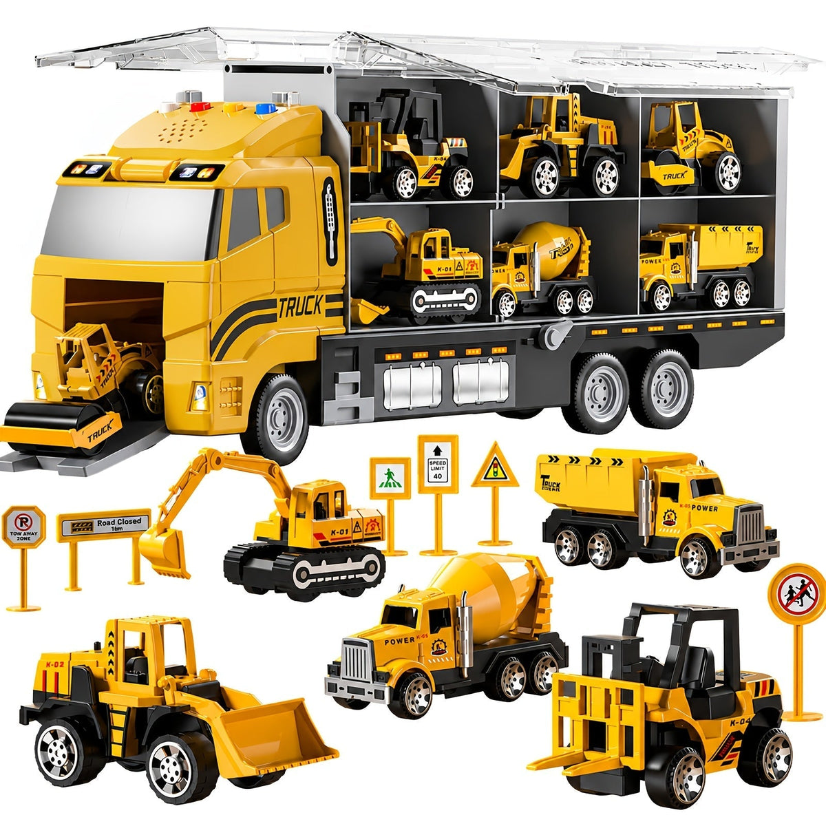 Ensemble de 13 véhicules de chantier avec camions moulés sous pression, tapis de jeu et transporteur – Coffret de jeu pour enfants de 3 ans et plus, cadeau idéal pour Noël et les anniversaires