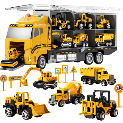 Ensemble de 13 véhicules de chantier pour enfants de 3 ans et plus – Voitures moulées sous pression, tapis de jeu et camion de transport, effets sonores, cadeau d'anniversaire ou de Noël (accessoires aléatoires)