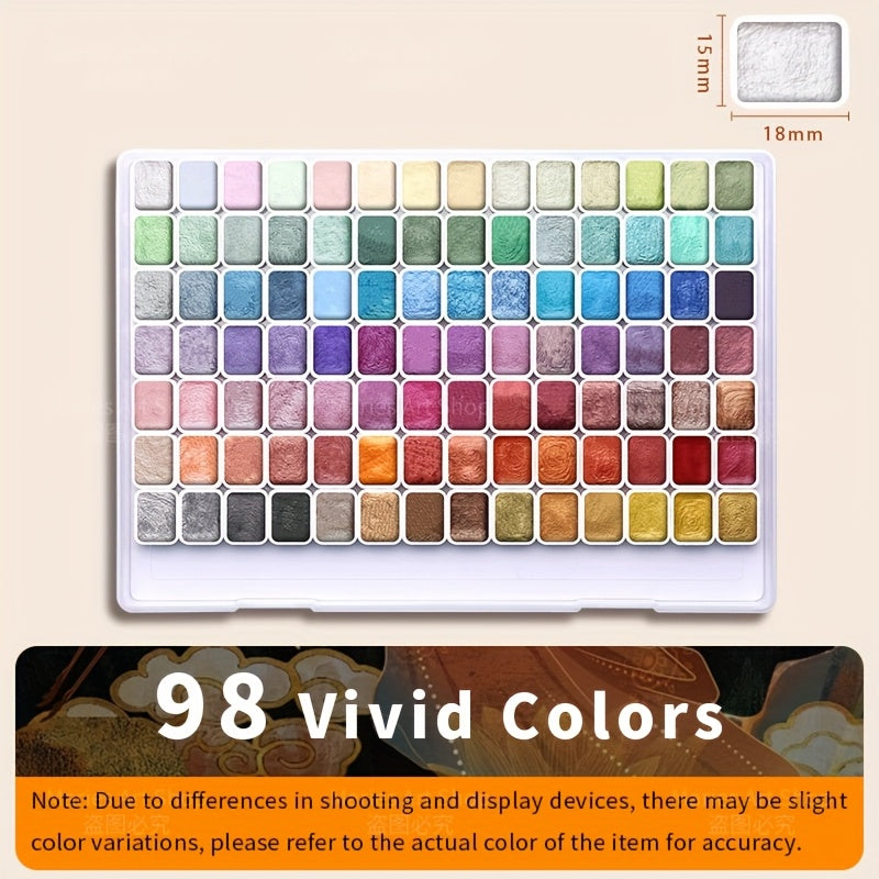 Ensemble de 98 aquarelles métallisées scintillantes, pigments perlés de qualité supérieure avec étui portable, haute résistance à la lumière pour illustration sur toile, scrapbooking, décoration, fournitures d'art pour artistes et amateurs.