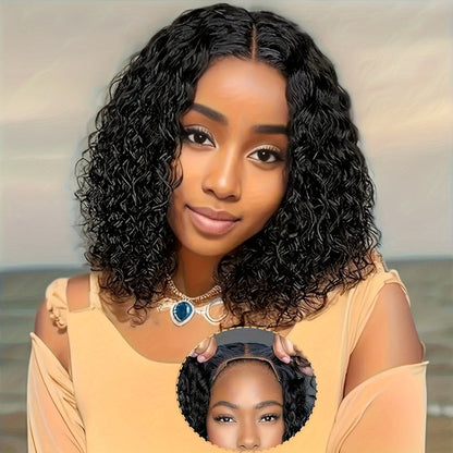 Perruque courte bouclée brésilienne sans colle pour femme – Cheveux synthétiques à ondulations profondes, cuir chevelu naturel, bonnet respirant, beige clair, aucune adhérence nécessaire pour le quotidien et les fêtes