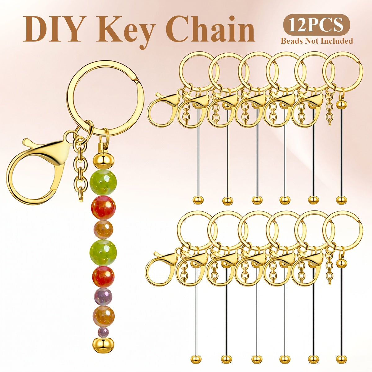 Kit de porte-clés à perler en acier inoxydable – 12 et 24 pièces, pendentifs en métal avec breloques pour loisirs créatifs, cadeaux de Noël et d'Halloween, doré, argenté et or rose