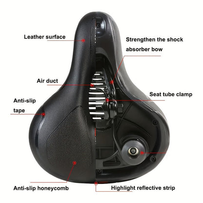 Selle de vélo rembourrée en gel, imperméable et absorbant les chocs – Coussin large en cuir et mousse souple avec bande réfléchissante pour vélos de ville, de montagne, de route et de sport, ajustement universel pour hommes et femmes