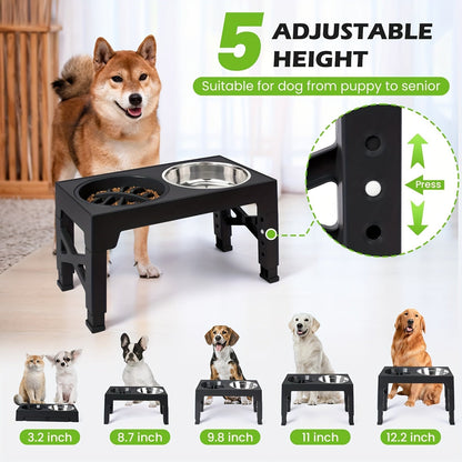 Support surélevé ajustable pour gamelles de chien avec lot de 3 gamelles – 5 hauteurs de 8,1 à 31 cm, 2 gamelles en acier inoxydable + gamelle anti-glouton pour petits, moyens et grands chiens, mangeoire surélevée noire ou grise