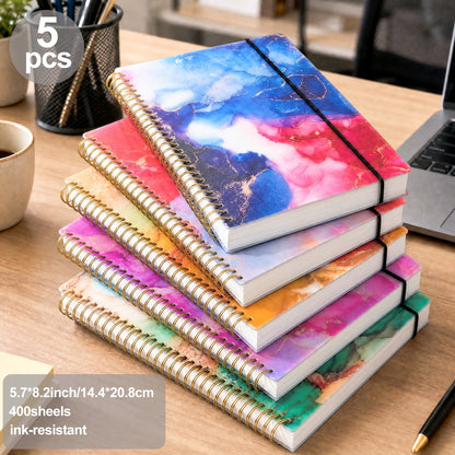 Lot de 5 carnets à spirales à couverture rigide effet marbre A5 – 400 feuilles de papier épais anti-transparence pour le travail, l'école et le journal intime, fournitures de rentrée scolaire, cadeau pour professeur