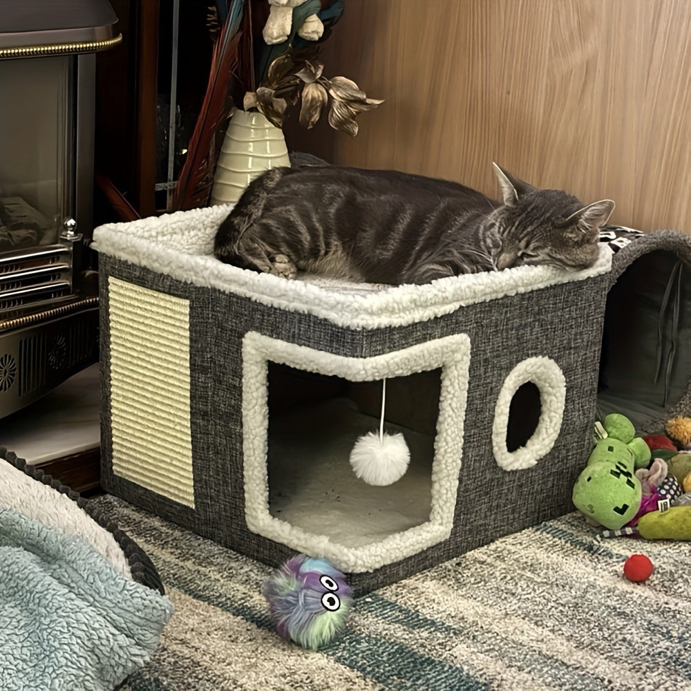 Maison à étages pour chat avec lit à 2 niveaux, tunnel de jeu, griffoir pliable et tapis douillet – Condo d'intérieur pour chat toutes saisons avec balle suspendue en peluche, cadre en nylon et toile, design pliable