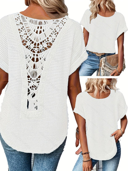 T-shirt femme été décontracté à col rond et manches courtes en patchwork de dentelle, haut fluide, bleu paon, kaki, noir, blanc, S M L XL XXL