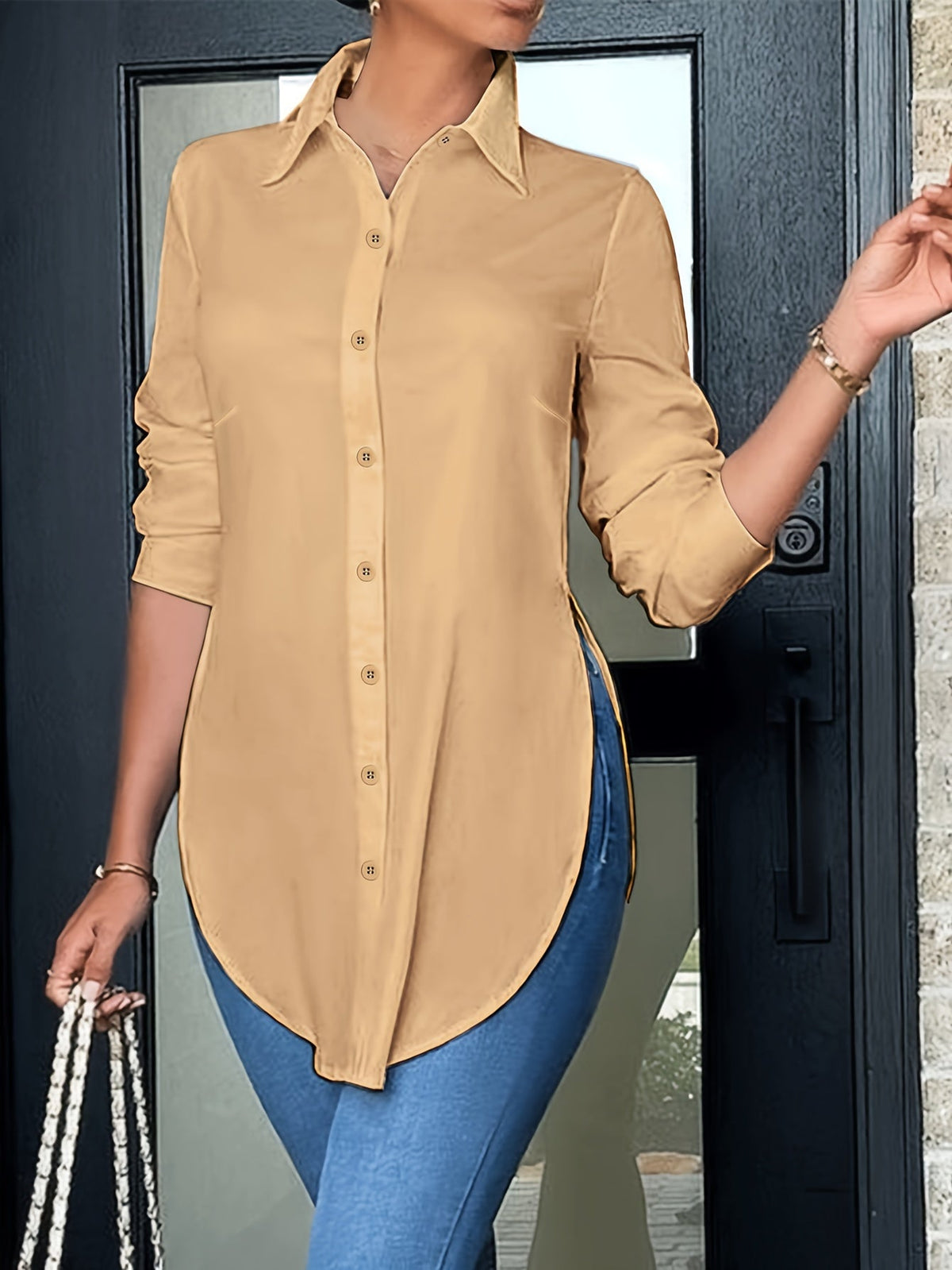 Chemisier élégant à manches longues et boutonnage frontal pour femme | Chemise de bureau opaque avec fente latérale | Haut professionnel décontracté toutes saisons | Chemisier de travail pour femme facile d'entretien | XS-XXL Multicolore