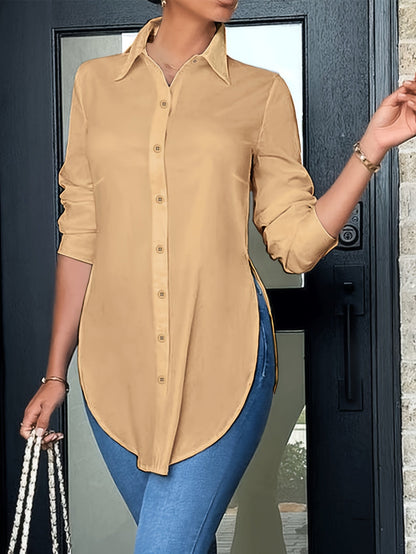 Chemisier élégant à manches longues et boutonnage frontal pour femme | Chemise de bureau opaque avec fente latérale | Haut professionnel décontracté toutes saisons | Chemisier de travail pour femme facile d'entretien | XS-XXL Multicolore