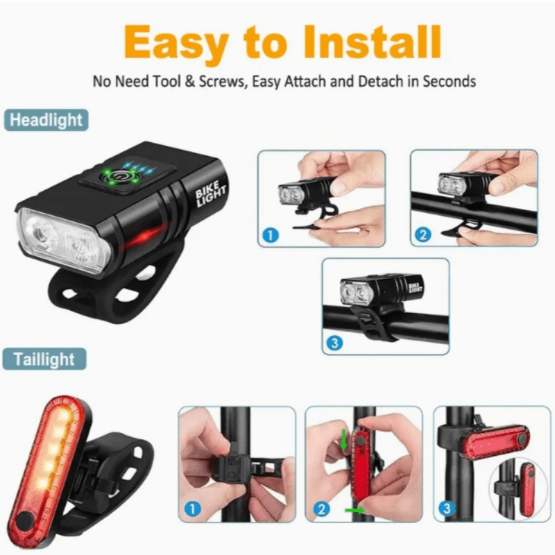 Ensemble d'éclairage de vélo ultra-lumineux rechargeable USB Type-C – Phare avant en alliage d'aluminium 6 modes & feu arrière 4 modes, éclairage LED pour vélo à charge rapide pour la conduite de nuit, le camping et la sécurité