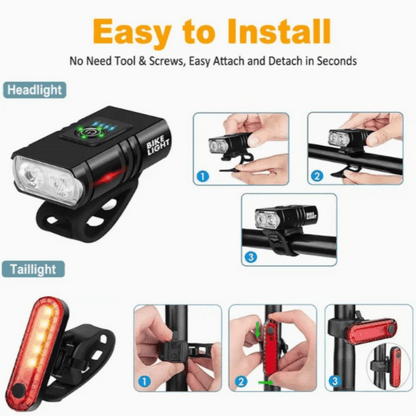 Ensemble d'éclairage de vélo ultra-lumineux rechargeable USB Type-C – Phare avant en alliage d'aluminium 6 modes & feu arrière 4 modes, éclairage LED pour vélo à charge rapide pour la conduite de nuit, le camping et la sécurité