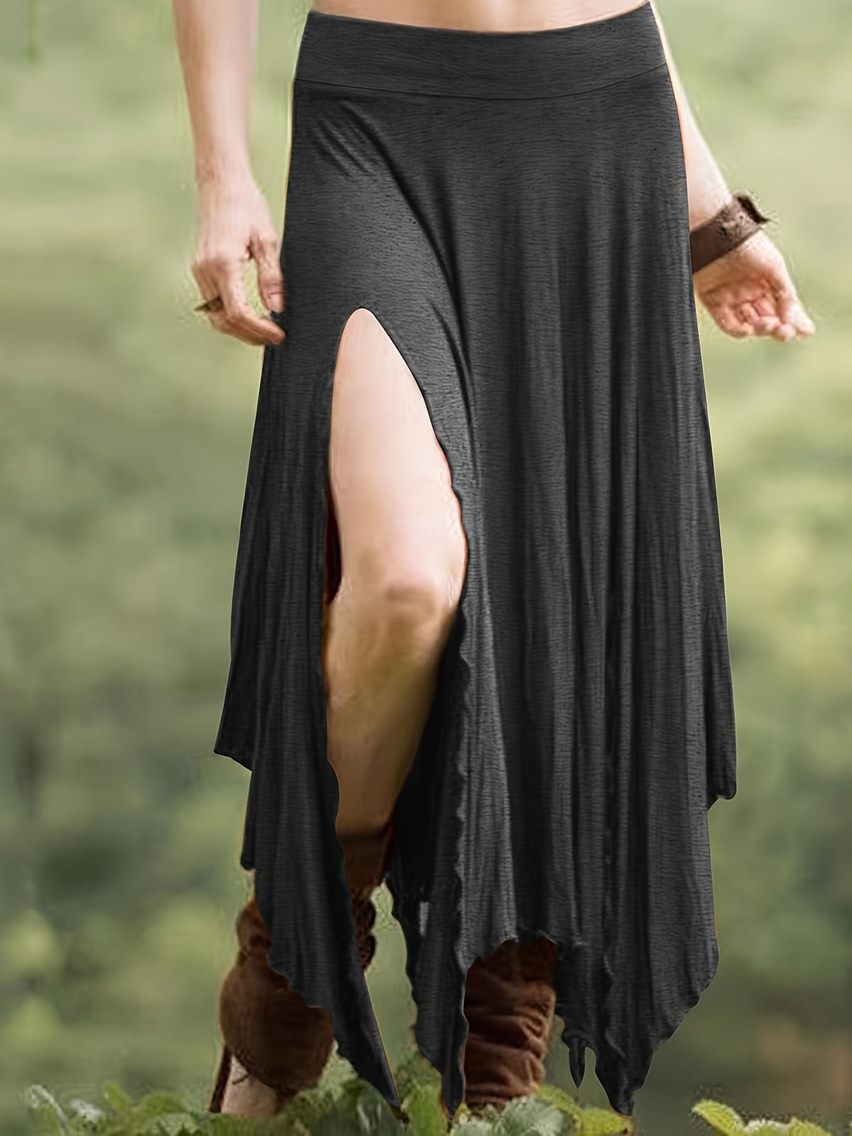 Jupe asymétrique pour femme - Jupe midi fendue à taille haute avec cordon de serrage, maille extensible 95 % polyester, style vintage décontracté pour le printemps et l'été