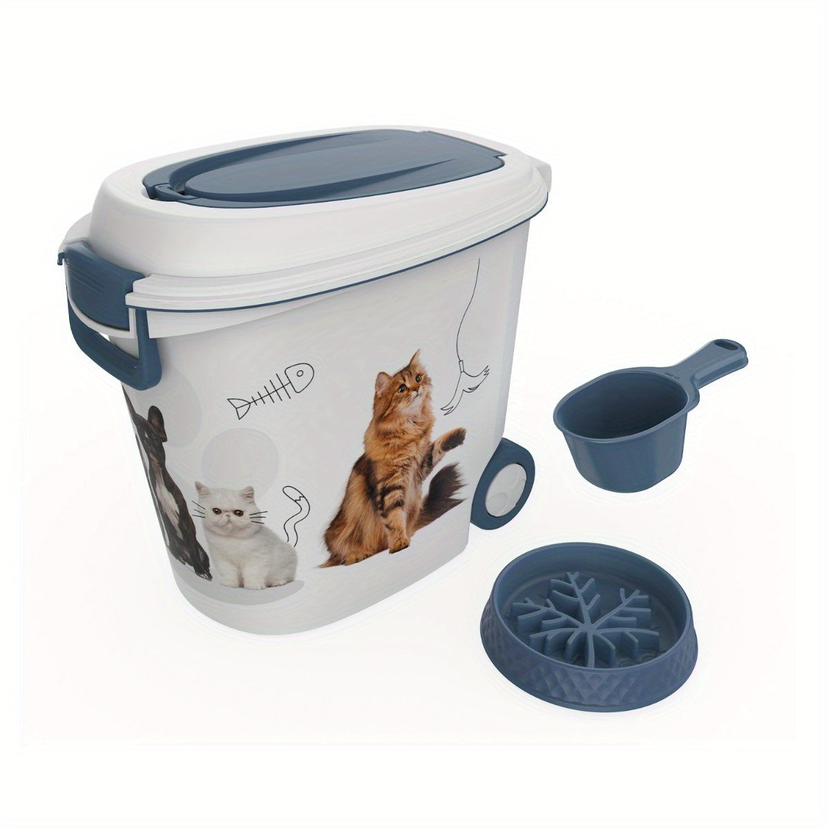 Grand ensemble de 3 récipients de stockage pour nourriture pour animaux avec gamelle anti-glouton et cuillère doseuse – Bac de conservation hermétique, anti-humidité et anti-insectes pour croquettes pour chiens et chats, favorise la digestion