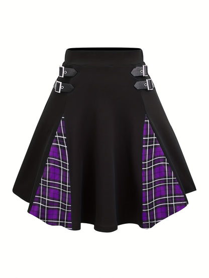 Mini-jupe trapèze gothique à carreaux avec boucle pour femme, jupe en tricot style Y2K à blocs de couleurs, noir gris rouge bleu violet S M L XL XXL
