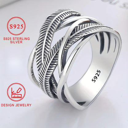 Bague plume en argent sterling 925, style vintage hip-hop, anneau croix infini, bijoux fantaisie pour femmes et hommes, tailles 6 7 8 9 10, pour un usage quotidien, idée cadeau