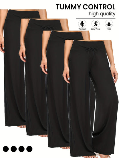 Pantalon palazzo large pour femme, lot de 4 – Pantalon fluide, extensible et décontracté à taille haute pour la plage ou la détente, pantalon habillé ample pour le quotidien, les vacances, l'été et grandes tailles – S à XXL, noir et couleurs assorties