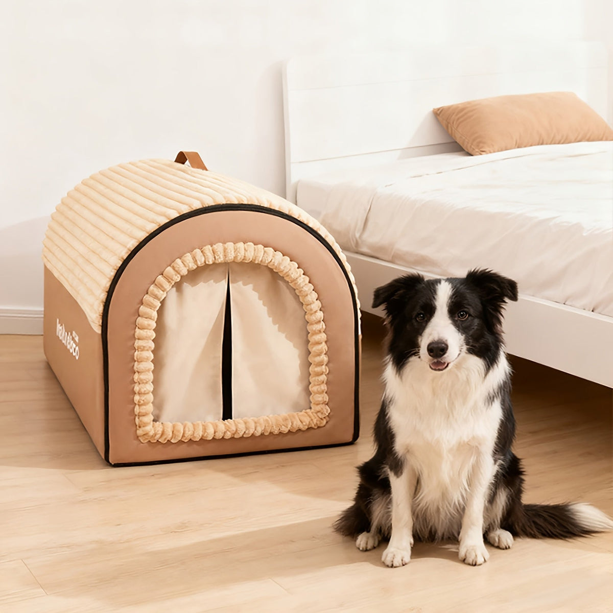 Niche pour chien pliable 2-en-1 toutes saisons – Maison pour animaux entièrement fermée avec poignée, nid douillet, doux et antidérapant, lavable pour chiens et chats de grande, moyenne et petite taille – Bavoir offert – Velora