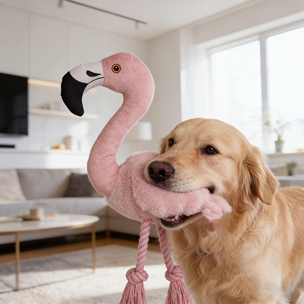 Jouet pour chien Flamingo avec couineur - Peluche double épaisseur résistante aux déchirures avec couineur intégré, corde et pompons, grand jouet interactif à tirer et à mâcher pour soulager l'anxiété, l'hygiène dentaire, chiots et chiens adultes