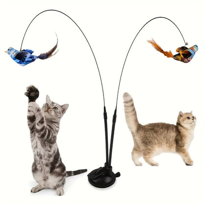 Cat Bird Hunting Toy with Double Rod & Suction Cup Base - Hands-Free Interactive Teaser with Bell Artificial Bird Feather for Cats Kittens Indoor Outdoor Exercise Training Random Color