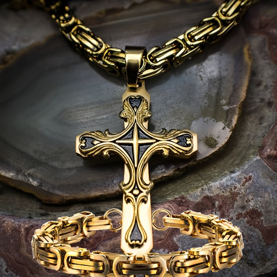 Ensemble de colliers croix en acier inoxydable pour homme, 2 pièces, chaîne cubaine avec pendentif croix, bijoux rétro hip-hop pour homme - Collier imposant, cadeau pour lui, anniversaire, Noël