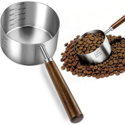 Pelle à croquettes en acier inoxydable, 1 tasse (250 ml), avec graduations et long manche - Doseur métallique pour nourriture pour chiens et chats - Pelle durable avec marquages en tasses et ml pour un contrôle précis des portions