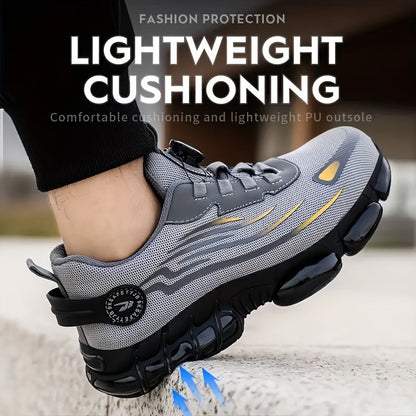 Chaussures de travail respirantes pour hommes – Chaussures de sécurité durables avec bandes réfléchissantes, semelle légère et amortissante pour l'industrie, la construction et un usage quotidien, disponibles en noir et gris, tailles US 6 à 11