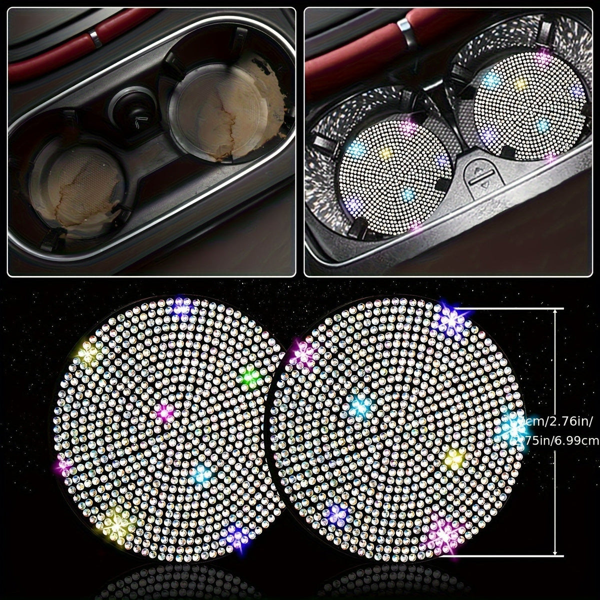 Ensemble d'accessoires de voiture 8 pièces en strass pour femme – Housse de volant, sous-verres, coussinets de ceinture de sécurité, anneaux de démarrage et housse de pommeau de levier de vitesse, 7 couleurs, kit intérieur à paillettes scintillantes