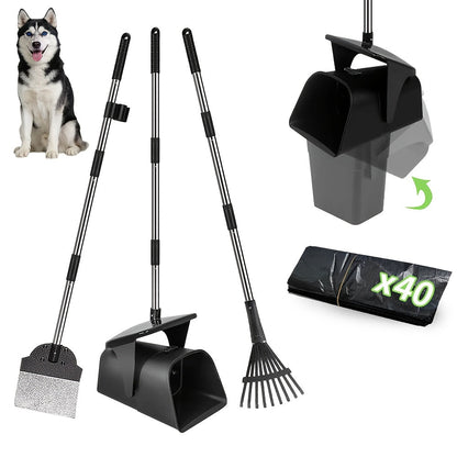 Ensemble pelle et râteau ramasse-crottes robuste avec bac pivotant – Outil à long manche pour le ramassage des déjections canines sur l’herbe, la terre et le gravier, inclut 40 sacs à déjections, idéal pour les grands chiens