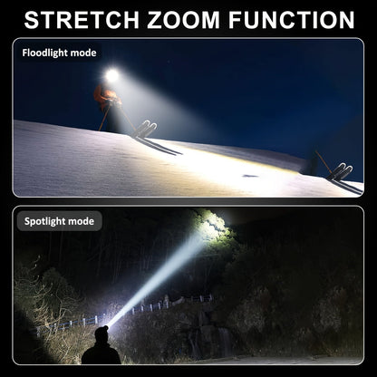 Lampe frontale LED rechargeable, 4 modes, focale réglable, inclinaison à 90°, feu arrière d'avertissement, pour le camping, la randonnée, l'aventure, les réparations d'urgence, lampe durable pour adultes