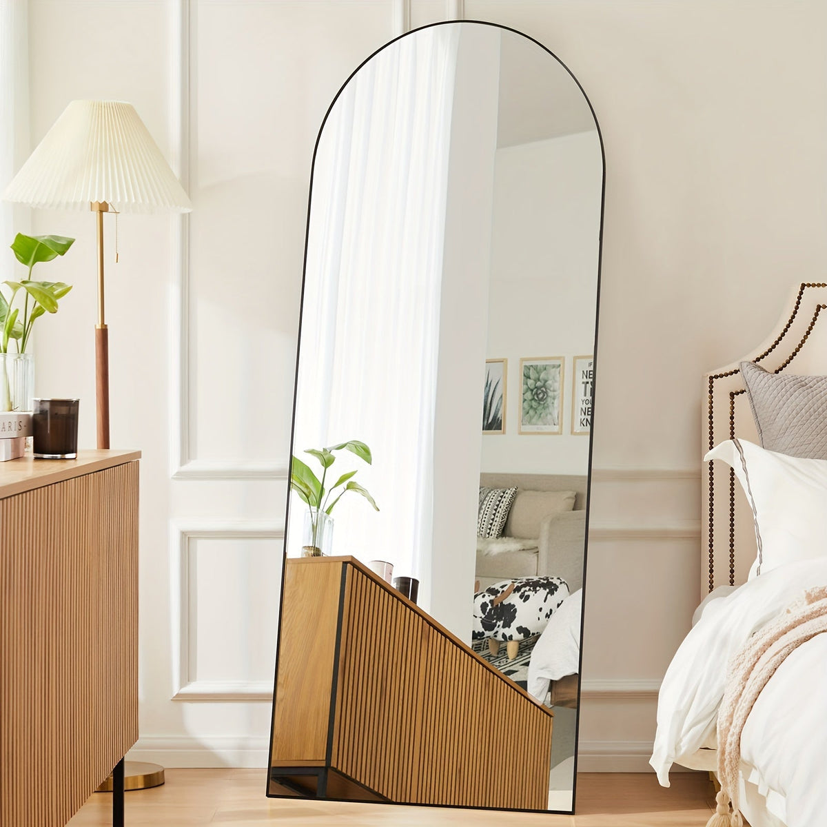 Miroir pleine longueur arqué avec support 64x21 / 59x16 pouces, miroir de sol en verre nano incassable avec cadre en alliage d'aluminium, miroir pleine longueur sur pied pour chambre, salon, vestiaire, décoration murale