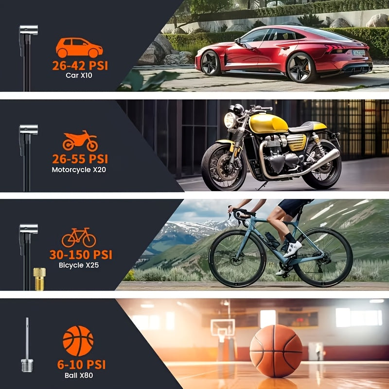 Compresseur d'air portable sans fil – Rechargeable par USB, affichage numérique, éclairage LED, adaptateurs multi-embouts, batterie au lithium, convient aux voitures, motos, vélos et ballons de sport