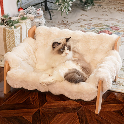 Canapé-lit surélevé pour animaux, fauteuil de repos pour chien et chat en bois massif avec tapis en bambou, meuble moderne pour petits et moyens chiens et chats, robuste et élégant, gris et blanc