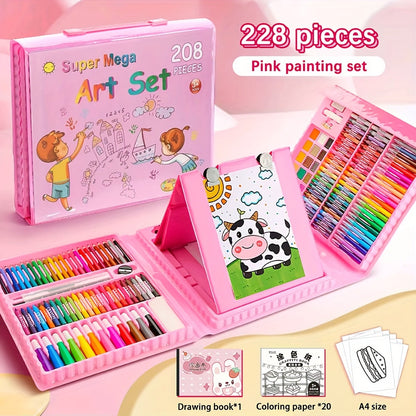 Kit de dessin et peinture pour enfants de 228 pièces avec chevalet, kit complet pour débutants de 3 à 12 ans, inclut carnet de croquis, livre de coloriage, marqueurs acryliques, feutres aquarellables, pastels à l'huile, crayons de couleur et gomme