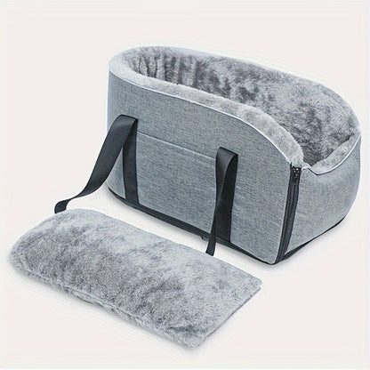 Lit pour console centrale de voiture pour animaux de compagnie - Panier pour chien et chat amovible avec sac à main détachable, transporteur toutes saisons pour console de voiture, gris et noir, compagnon de voyage confortable