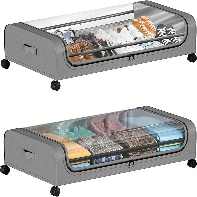 Lot de 2 rangements sous lit en métal avec roulettes et couvercle, bacs de rangement roulants pour vêtements, literie, chaussures, couvertures et livres, noir et gris