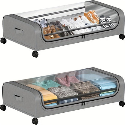 Lot de 2 rangements sous lit en métal avec roulettes et couvercle, bacs de rangement roulants pour vêtements, literie, chaussures, couvertures et livres, noir et gris