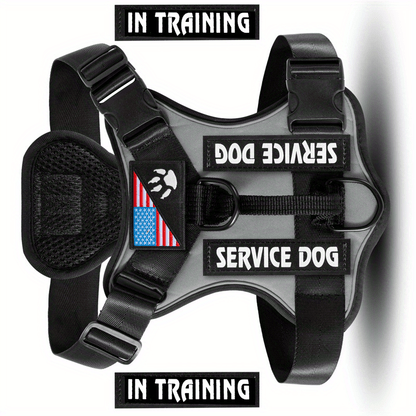 Harnais anti-traction pour chien avec gilet réfléchissant et 5 écussons – Harnais de service réglable en maille Oxford souple, avec attaches avant et arrière pour chiens de petite, moyenne et grande taille, de XS à XL