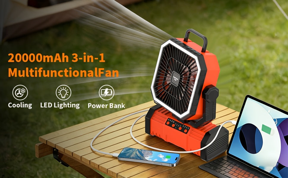 Ventilateur de camping portable 20 000 mAh avec télécommande, lumières LED, 4 vitesses et rotation à 360° – Ventilateur oscillant rechargeable sur batterie pour camping en plein air, camping-car et voyage