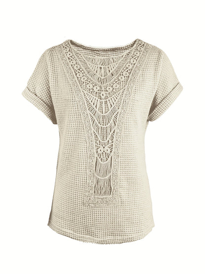 Blouse à manches chauve-souris et bordure en dentelle pour femme – Haut en maille élégant, respirant et semi-transparent, coupe droite décontractée, lavable en machine, chemisier chic et décontracté pour toutes les saisons