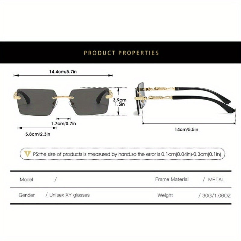 Lunettes de soleil unisexe de luxe sans monture avec branches léopard – Lunettes de mode rectangulaires étroites UV400 noir et or pour hommes et femmes, incluent étui de protection et chiffon de nettoyage pour la conduite, les voyages et les fêtes