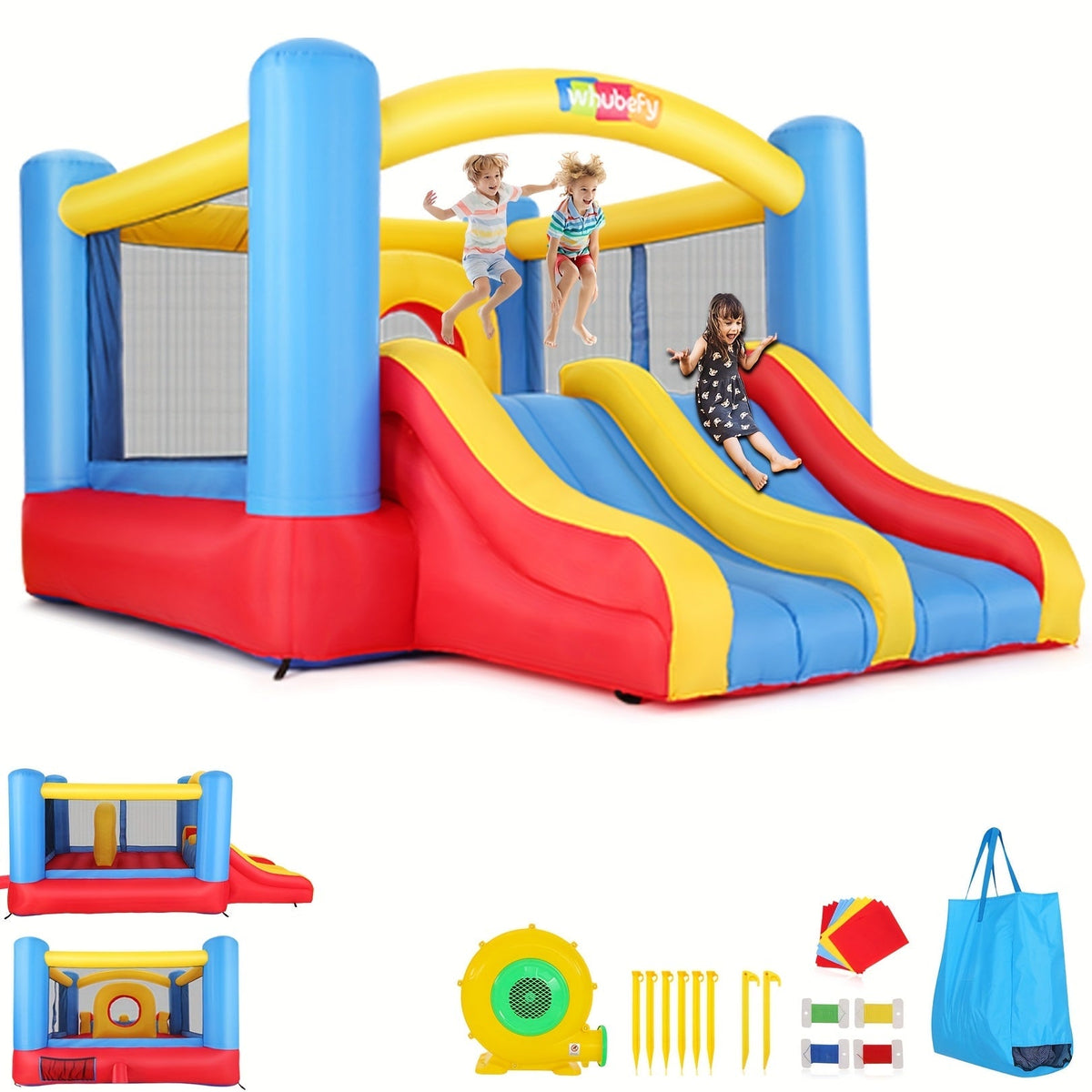 Château gonflable avec soufflerie pour enfants de 3 à 10 ans, grande structure de 3,6 x 2,7 m pour jardin avec double toboggan, parcours d'obstacles, vaste zone de saut, aire de jeu intérieure et extérieure pour fête d'anniversaire – Rouge, bleu, jaune