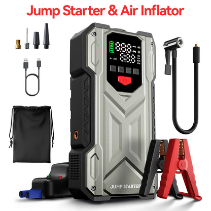 Démarreur de voiture 5000A avec compresseur d'air 150 PSI – Batterie de secours portable 12000 mAh, gonfleur de pneu numérique, USB-C et USB-A, lampe de secours LED pour moteurs essence et diesel 12V