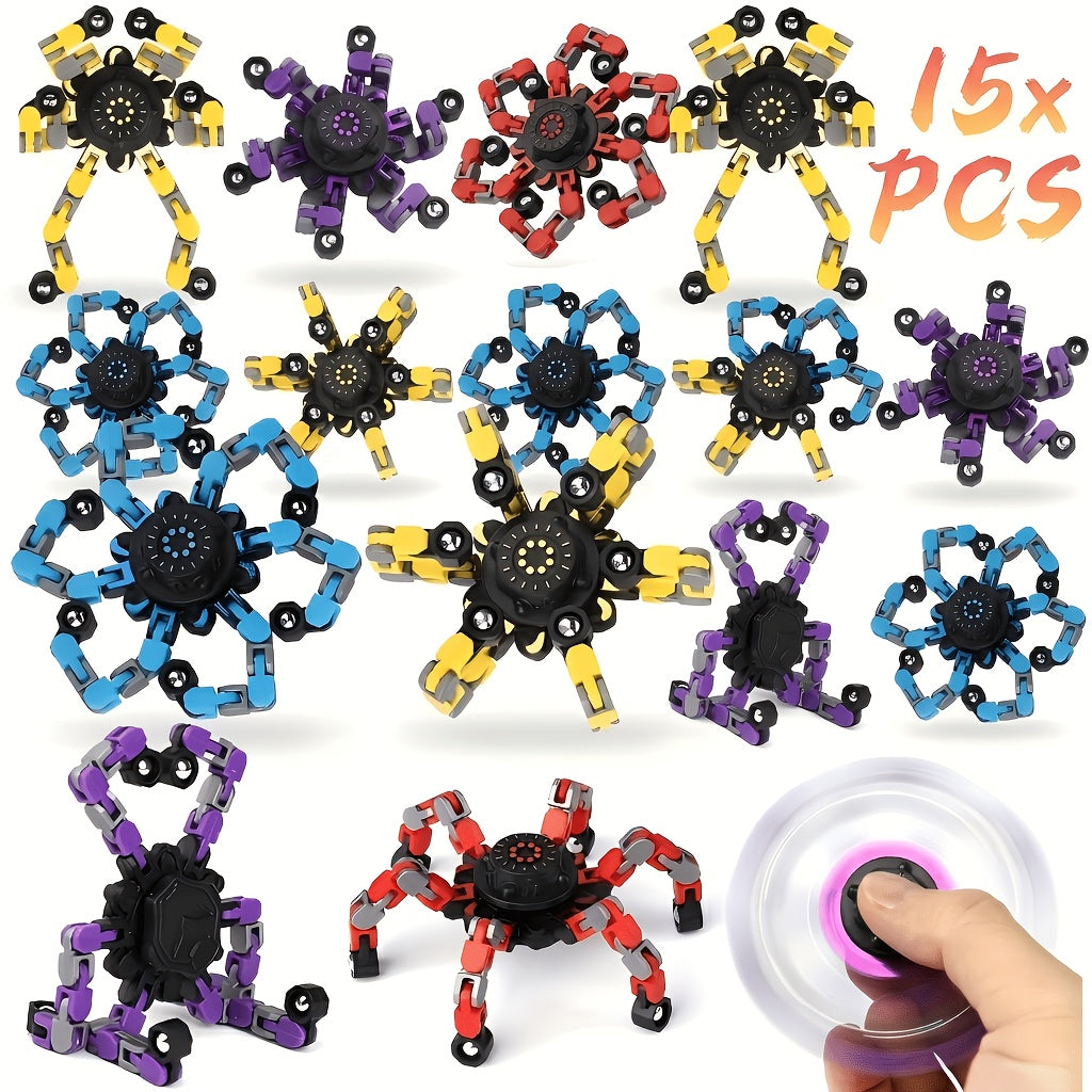 Lot de 10 ou 15 fidget spinners assortis, robots mécaniques gyroscopiques, jouets anti-stress pour les doigts, éditions standard et lumineuses, cadeaux pour fêtes, récompenses scolaires, pour enfants et adultes