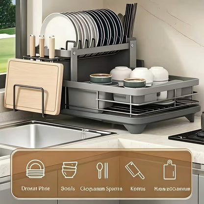 Égouttoir à vaisselle à 2 niveaux pour comptoir de cuisine avec plateau d'égouttage, tapis de drainage, porte-couteaux, porte-fourchettes, porte-gobelets, organisateur d'ustensiles, accessoire de cuisine, cadeau pour femme pour la fête des mères