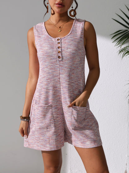 Women's Waffle Jumpsuit Sleeveless Romper with Pockets & Buttons Summer Casual One-Piece Outfit Shorts Loose Fit S M L XL XXL Grey Pink Purple Blue Yellow